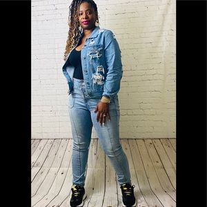 Denim ripped long sleeve  jacket